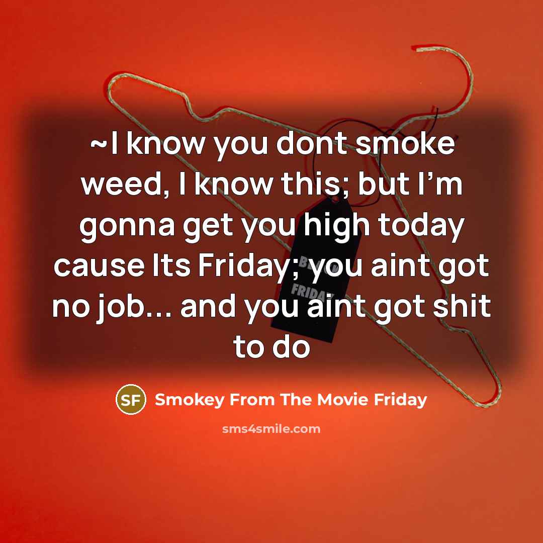 “~I know you dont smoke weed, I know this; but I'm gonna get you high today cause Its Friday; you aint got no job... and you aint got shit to do” quote by Smokey From The Movie Friday