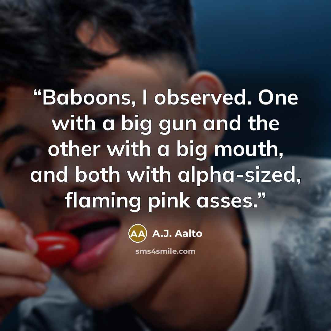 “Baboons, I observed. One with a big gun and the other with a big mouth, and both with alpha-sized, flaming pink asses.” quote by A.J. Aalto
