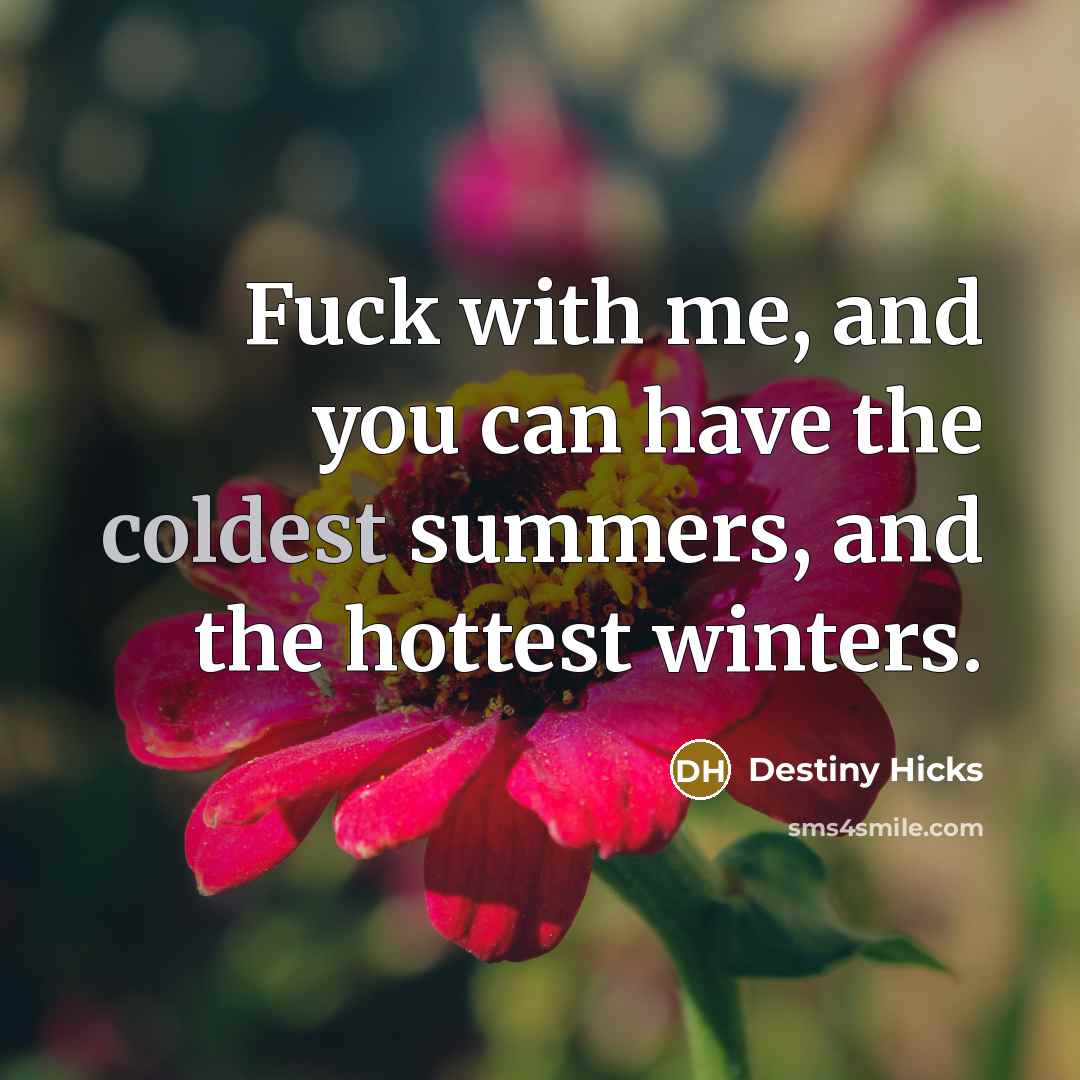 “Fuck with me, and you can have the coldest summers, and the hottest winters.” quote by Destiny Hicks