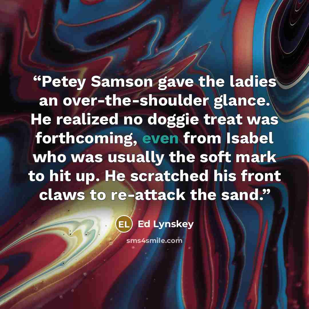 “Petey Samson gave the ladies an over-the-shoulder glance. He realized no doggie treat was forthcoming, even from Isabel who was usually the soft mark to hit up. He scratched his front claws to re-attack the sand.” quote by Ed Lynskey