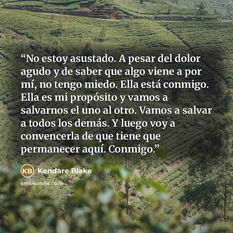 “No estoy asustado. A pesar del dolor agudo y de saber que algo viene a por mí, no tengo miedo. Ella está conmigo. Ella es mi propósito y vamos a salvarnos el uno al otro. Vamos a salvar a todos los demás. Y luego voy a convencerla de que tiene que permanecer aquí. Conmigo.” quote by Kendare Blake