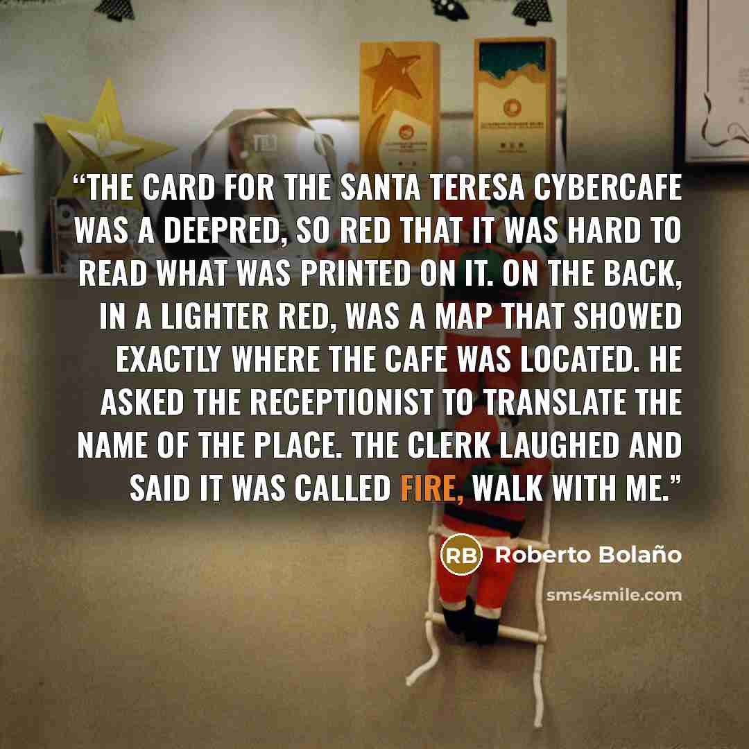 “The card for the Santa Teresa cybercafe was a deepred, so red that it was hard to read what was printed on it. On the back, in a lighter red, was a map that showed exactly where the cafe was located. He asked the receptionist to translate the name of the place. The clerk laughed and said it was…” quote by Roberto Bolaño