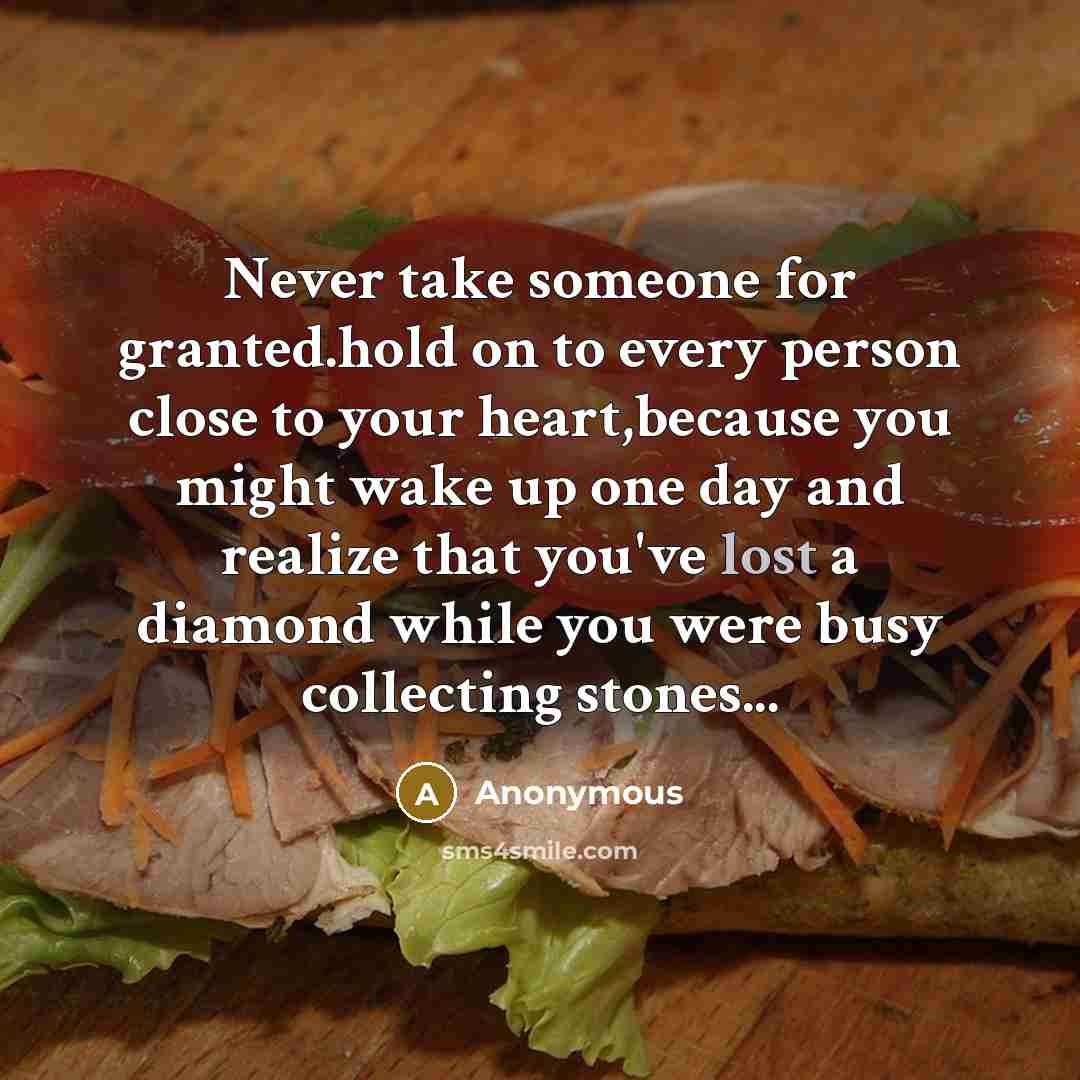 “Never take someone for granted.hold on to every person close to your heart,because you might wake up one day and realize that you've lost a diamond while you were busy collecting stones...” quote by Anonymous