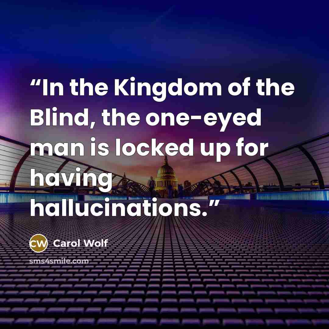 “In the Kingdom of the Blind, the one-eyed man is locked up for having hallucinations.” quote by Carol Wolf