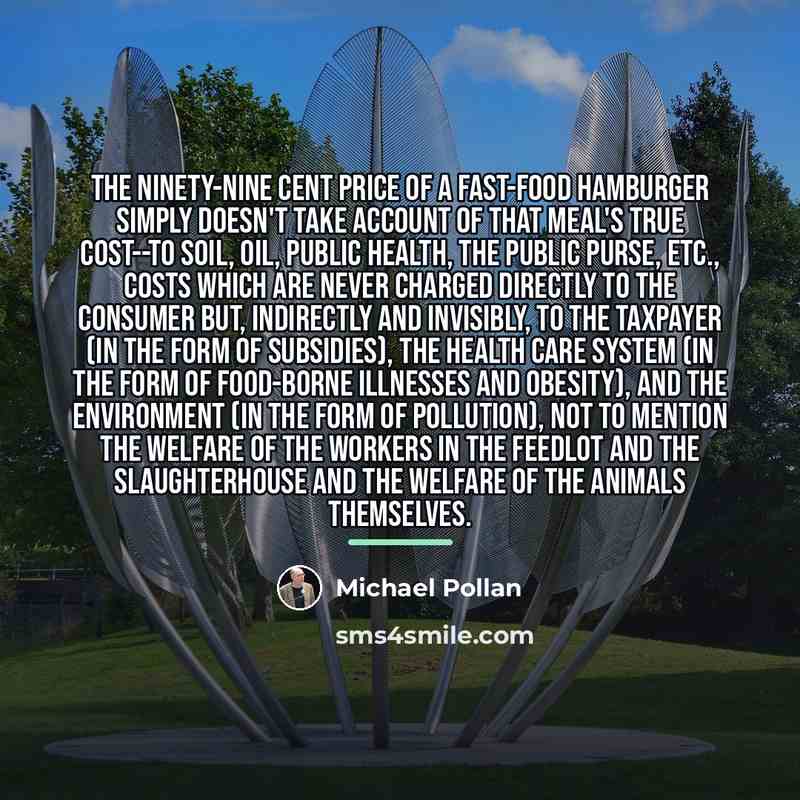 “The ninety-nine cent price of a fast-food hamburger simply doesn't…” quote by Michael Pollan
