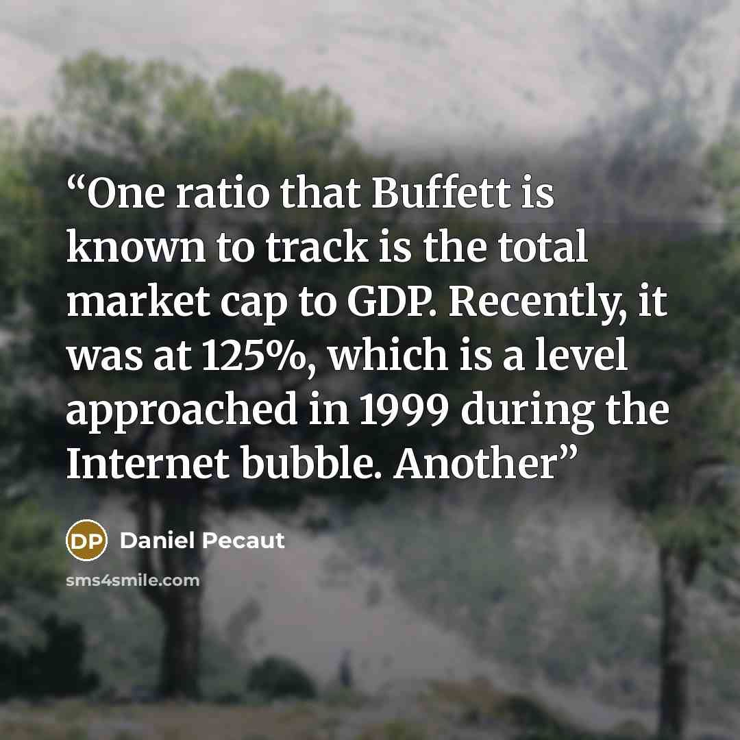 “One ratio that Buffett is known to track is the total market cap to GDP. Recently, it was at 125%, which is a level approached in 1999 during the Internet bubble. Another” quote by Daniel Pecaut