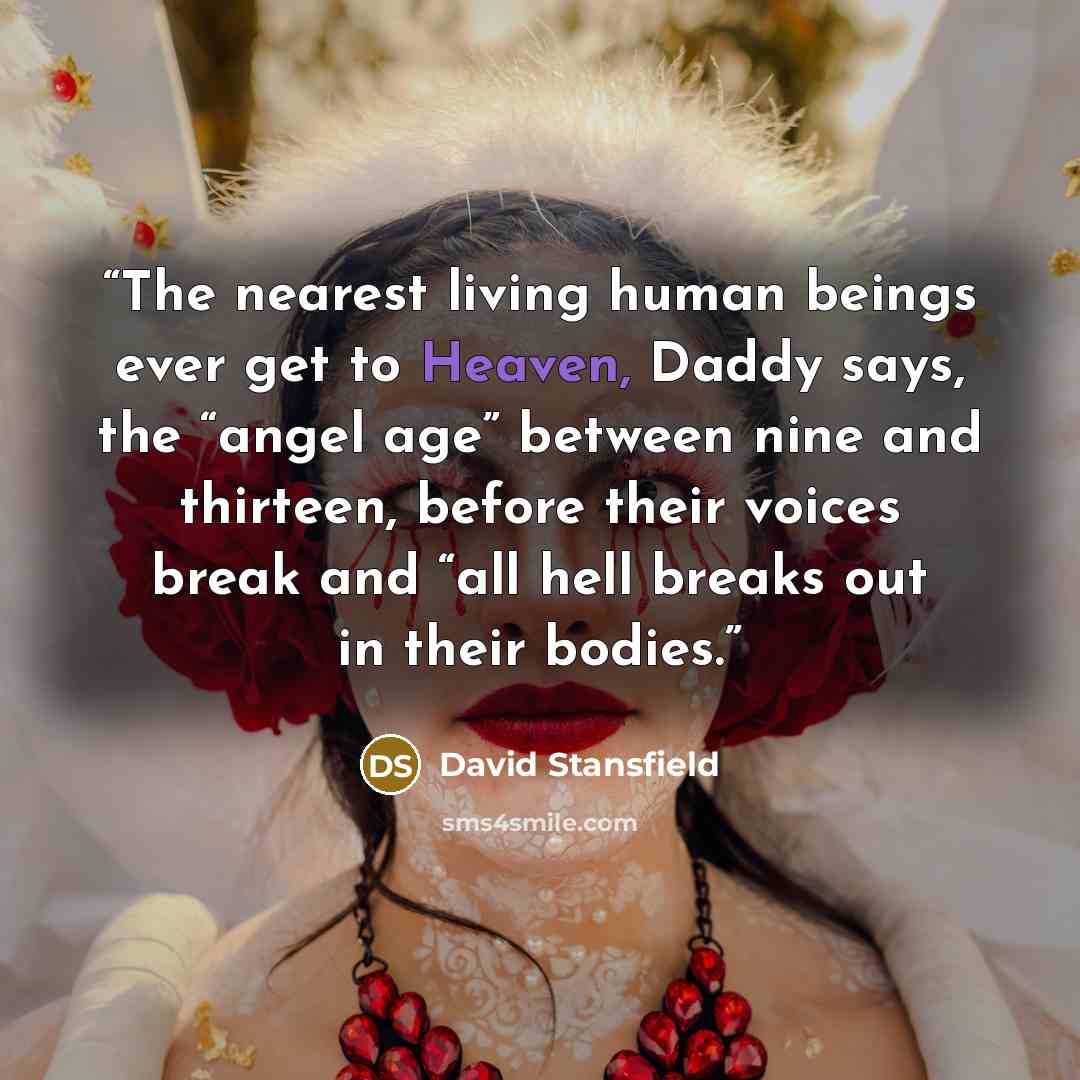 “The nearest living human beings ever get to Heaven, Daddy says, the “angel age” between nine and thirteen, before their voices break and “all hell breaks out in their bodies.” quote by David Stansfield