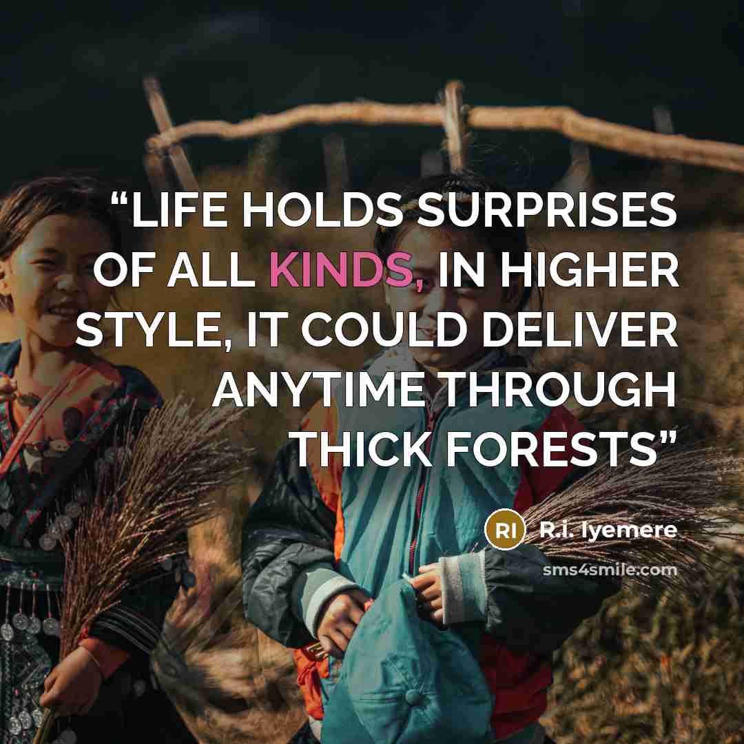 “LIFE HOLDS SURPRISES OF ALL KINDS, IN HIGHER STYLE, IT COULD DELIVER ANYTIME THROUGH THICK FORESTS” quote by R.i. Iyemere