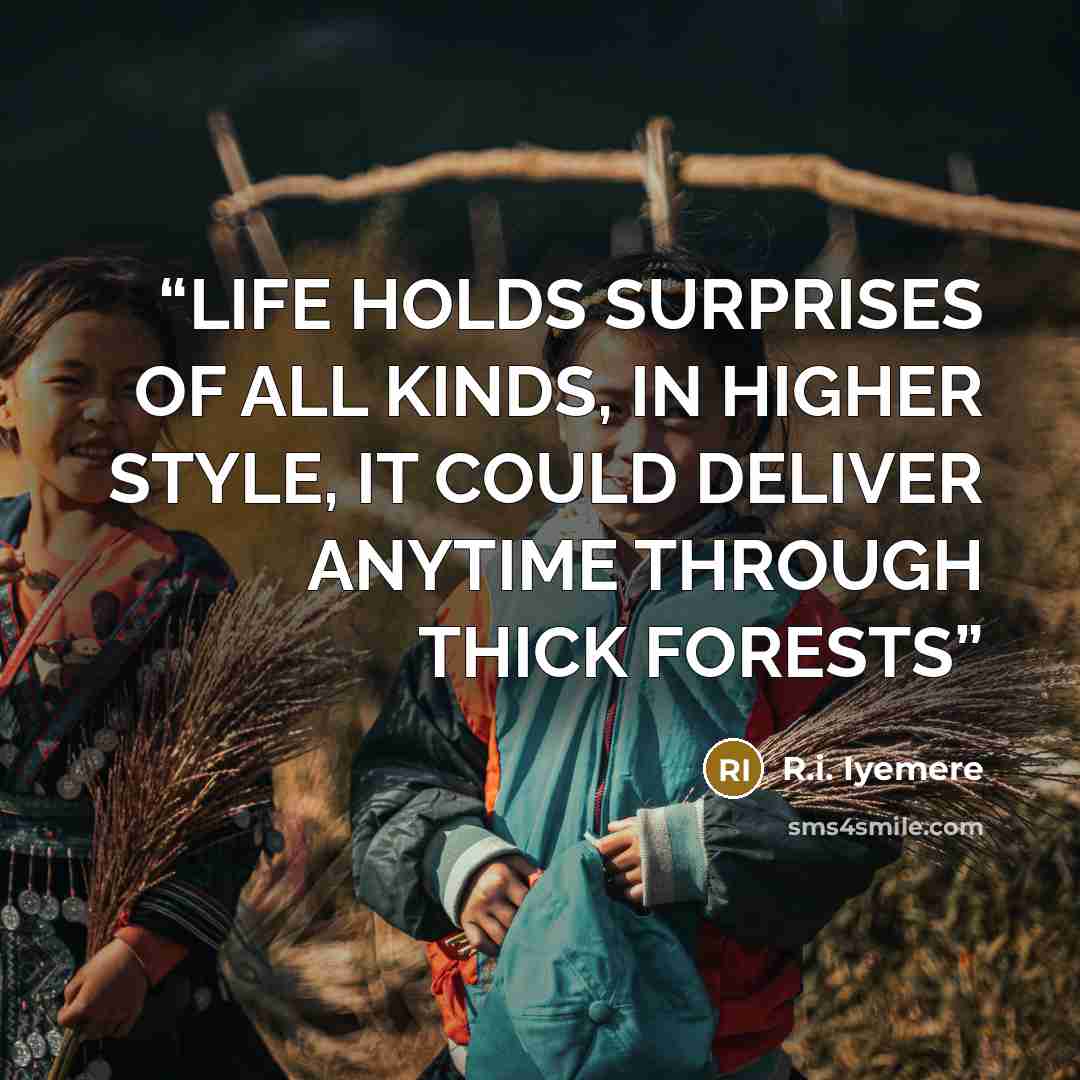“LIFE HOLDS SURPRISES OF ALL KINDS, IN HIGHER STYLE, IT COULD DELIVER ANYTIME THROUGH THICK FORESTS” quote by R.i. Iyemere