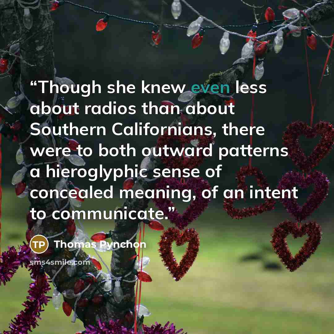 “Though she knew even less about radios than about Southern Californians, there were to both outward patterns a hieroglyphic sense of concealed meaning, of an intent to communicate.” quote by Thomas Pynchon