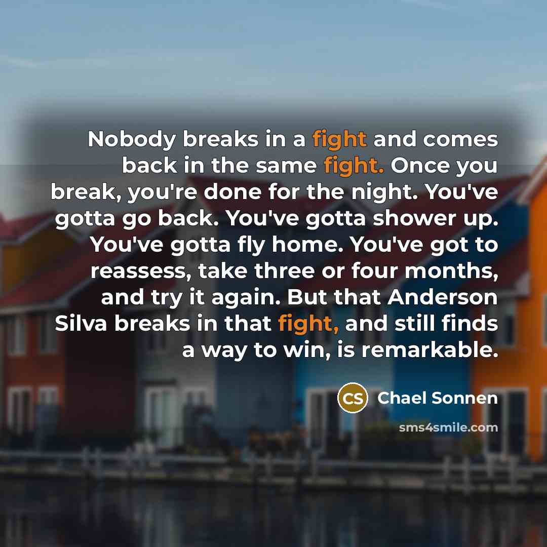 “Nobody breaks in a fight and comes back in the same fight. Once you break, you're done for the night. You've gotta go back. You've gotta shower up. You've gotta fly home. You've got to reassess, take three or four months, and try it again. But that Anderson Silva breaks in that fight, and still…” quote by Chael Sonnen