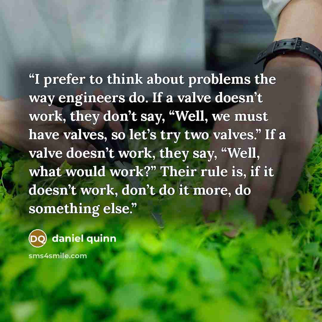 “I prefer to think about problems the way engineers do. If a valve doesn’t work, they don’t say, “Well, we must have valves, so let’s try two valves.” If a valve doesn’t work, they say, “Well, what would work?” Their rule is, if it doesn’t work, don’t do it more, do something else.” quote by Daniel Quinn