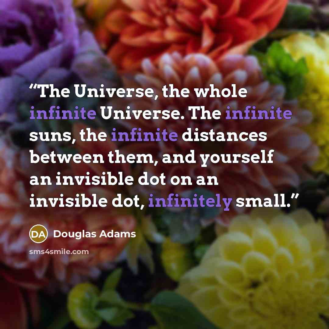 “The Universe, the whole infinite Universe. The infinite suns, the infinite distances between them, and yourself an invisible dot on an invisible dot, infinitely small.” quote by Douglas Adams