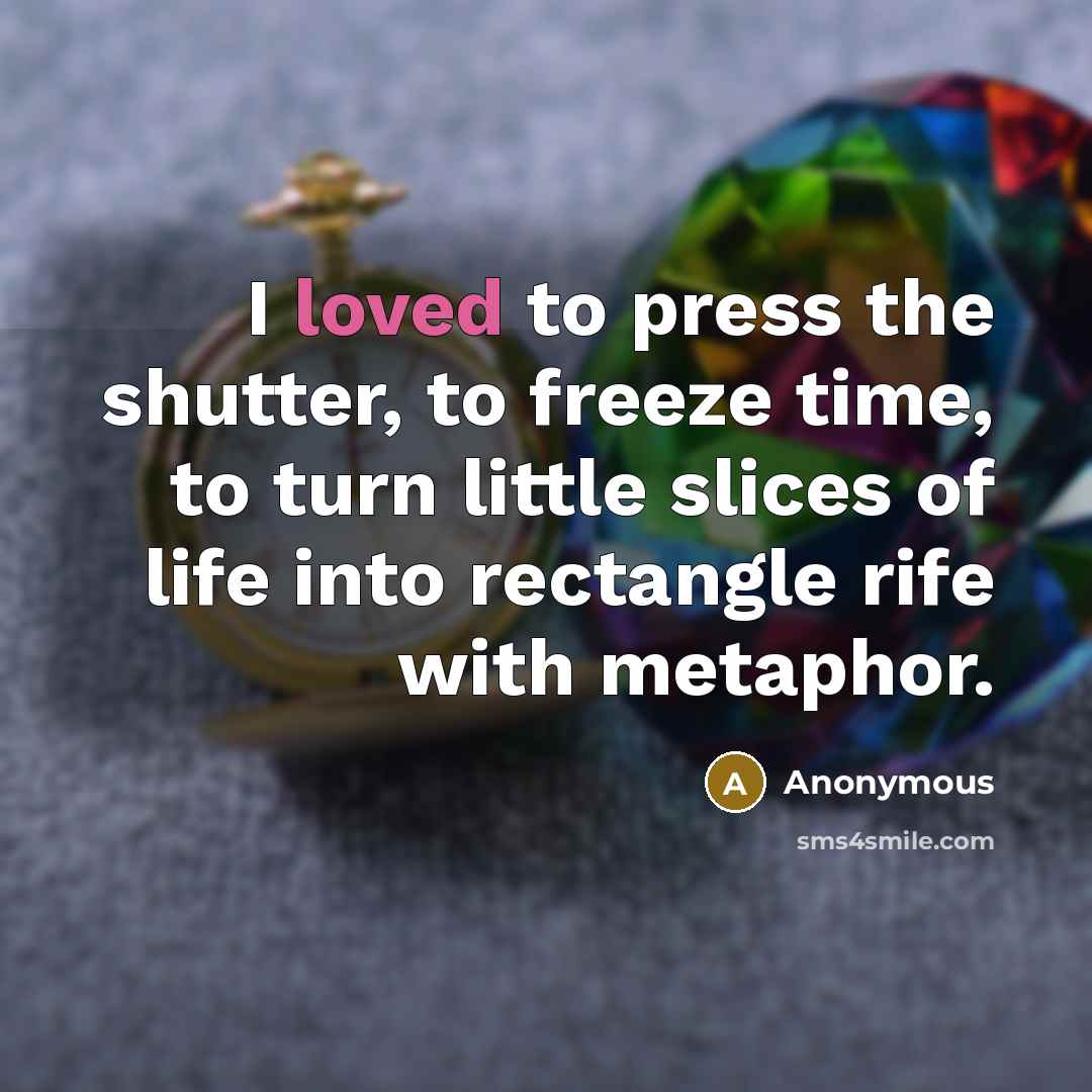 “I loved to press the shutter, to freeze time, to turn little slices of life into rectangle rife with metaphor.” quote by Anonymous