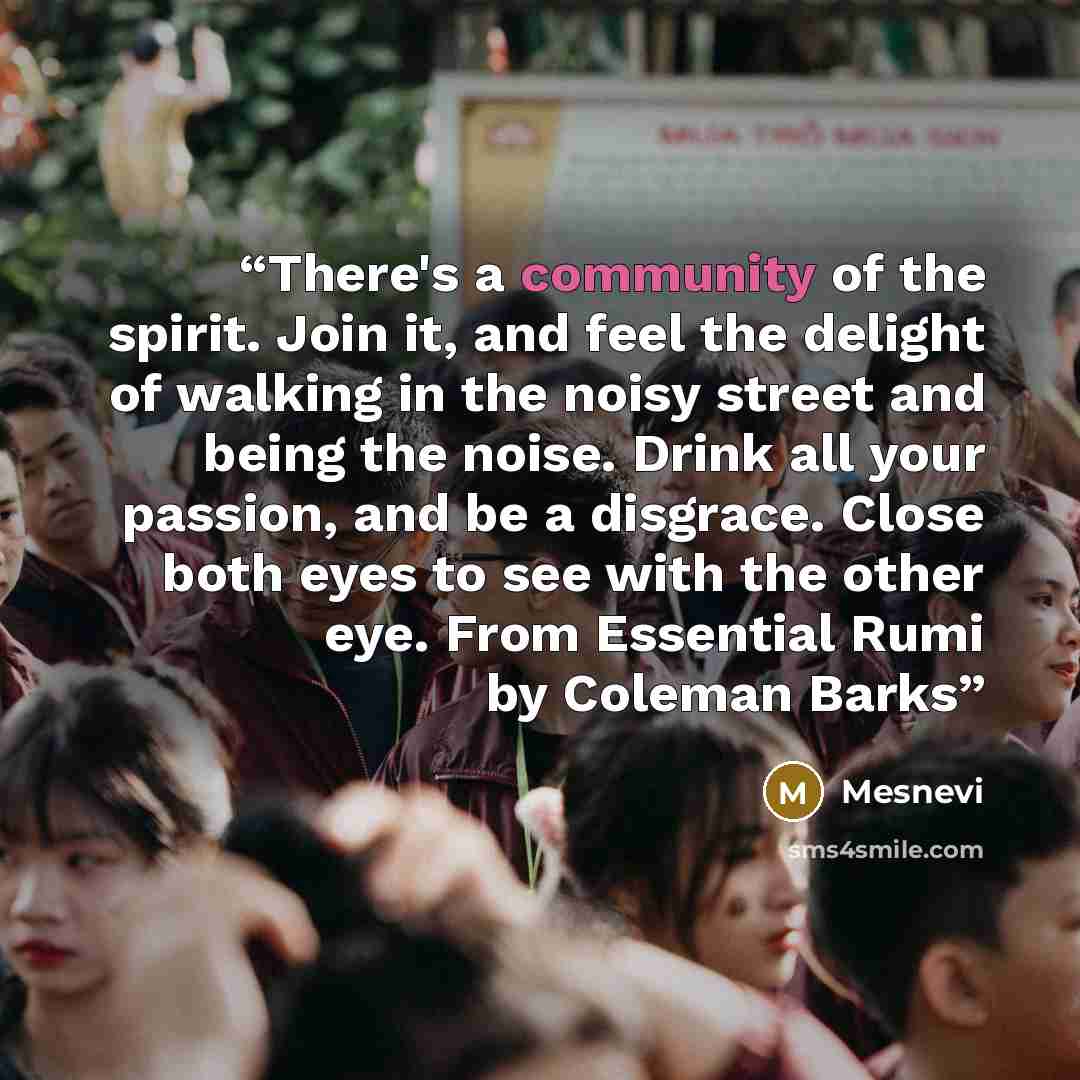 “There's a community of the spirit. Join it, and feel the delight of walking in the noisy street and being the noise. Drink all your passion, and be a disgrace. Close both eyes to see with the other eye. From Essential Rumi by Coleman Barks” quote by Mesnevi
