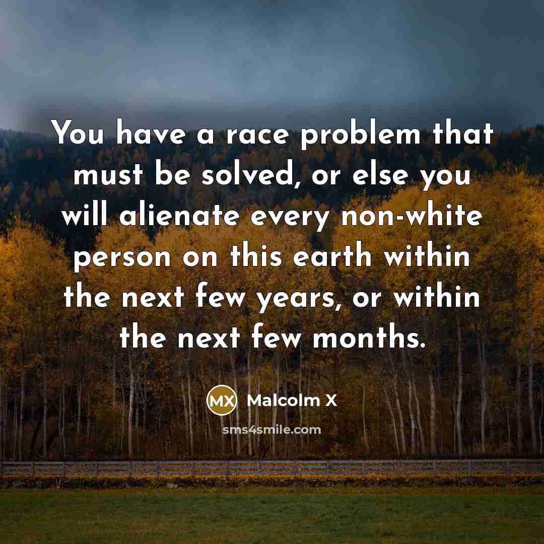 “You have a race problem that must be solved, or else you will alienate every non-white person on this earth within the next few years, or within the next few months.” quote by Malcolm X