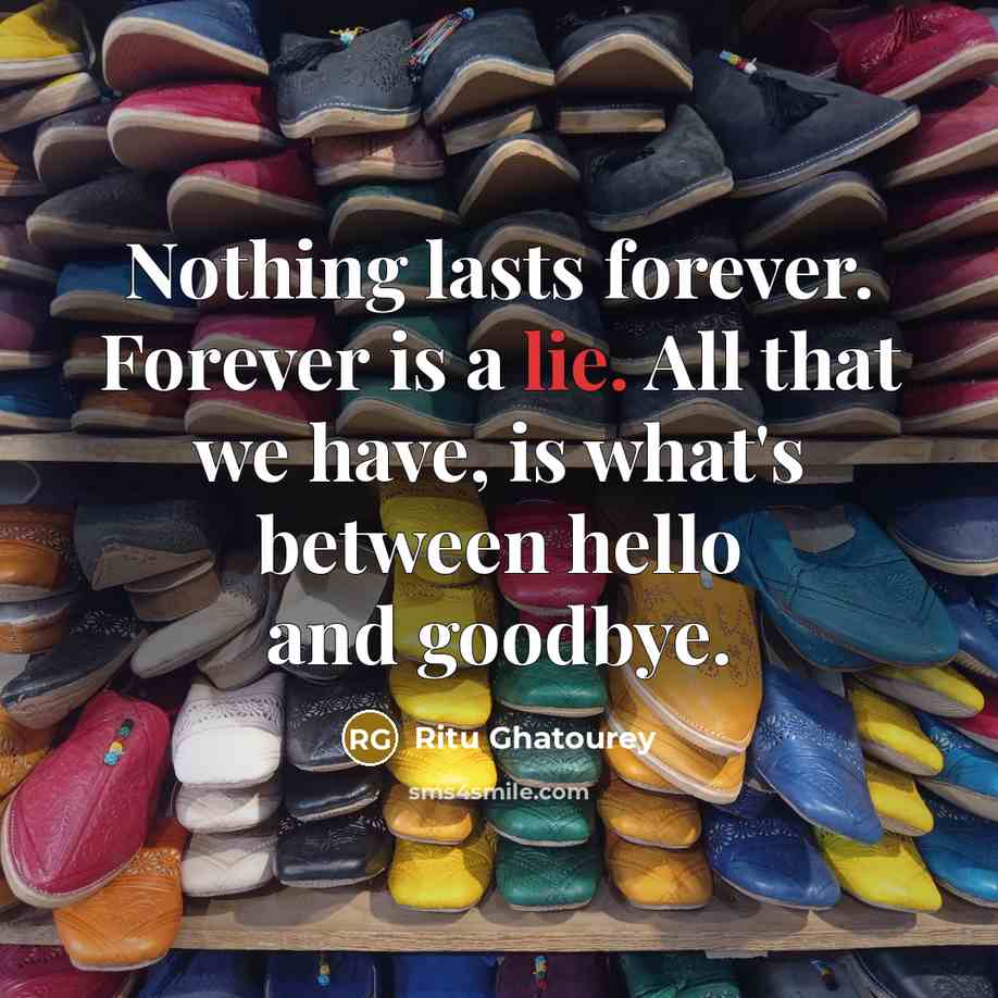 “Nothing lasts forever. Forever is a lie. All that we have, is what's between hello and goodbye.” quote by Ritu Ghatourey