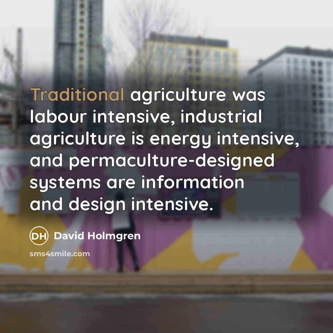 “Traditional agriculture was labour intensive, industrial agriculture is energy intensive,…” quote by David Holmgren