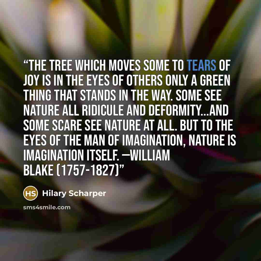 “The tree which moves some to tears of joy is in the eyes of others only a green thing that stands in the way. Some see nature all ridicule and deformity...and some scare see nature at all. But to the eyes of the man of imagination, nature is imagination itself. —William Blake (1757-1827)” quote by Hilary Scharper