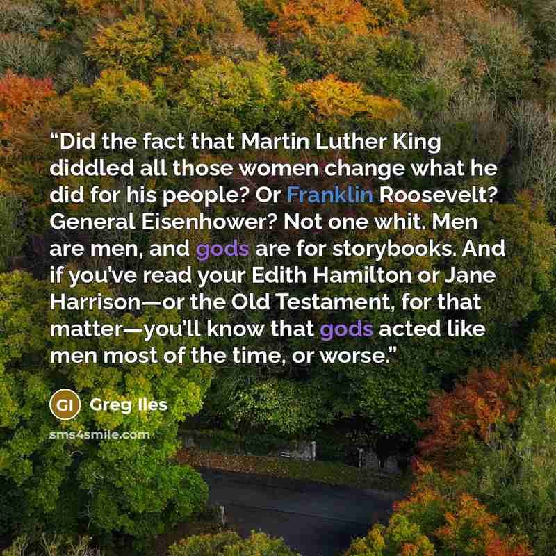 “Did the fact that Martin Luther King diddled all those women change what he did for his people? Or Franklin Roosevelt? General Eisenhower? Not one whit. Men are men, and gods are for storybooks. And if you’ve read your Edith Hamilton or Jane Harrison—or the Old Testament, for that matter—you’ll…” quote by Greg Iles