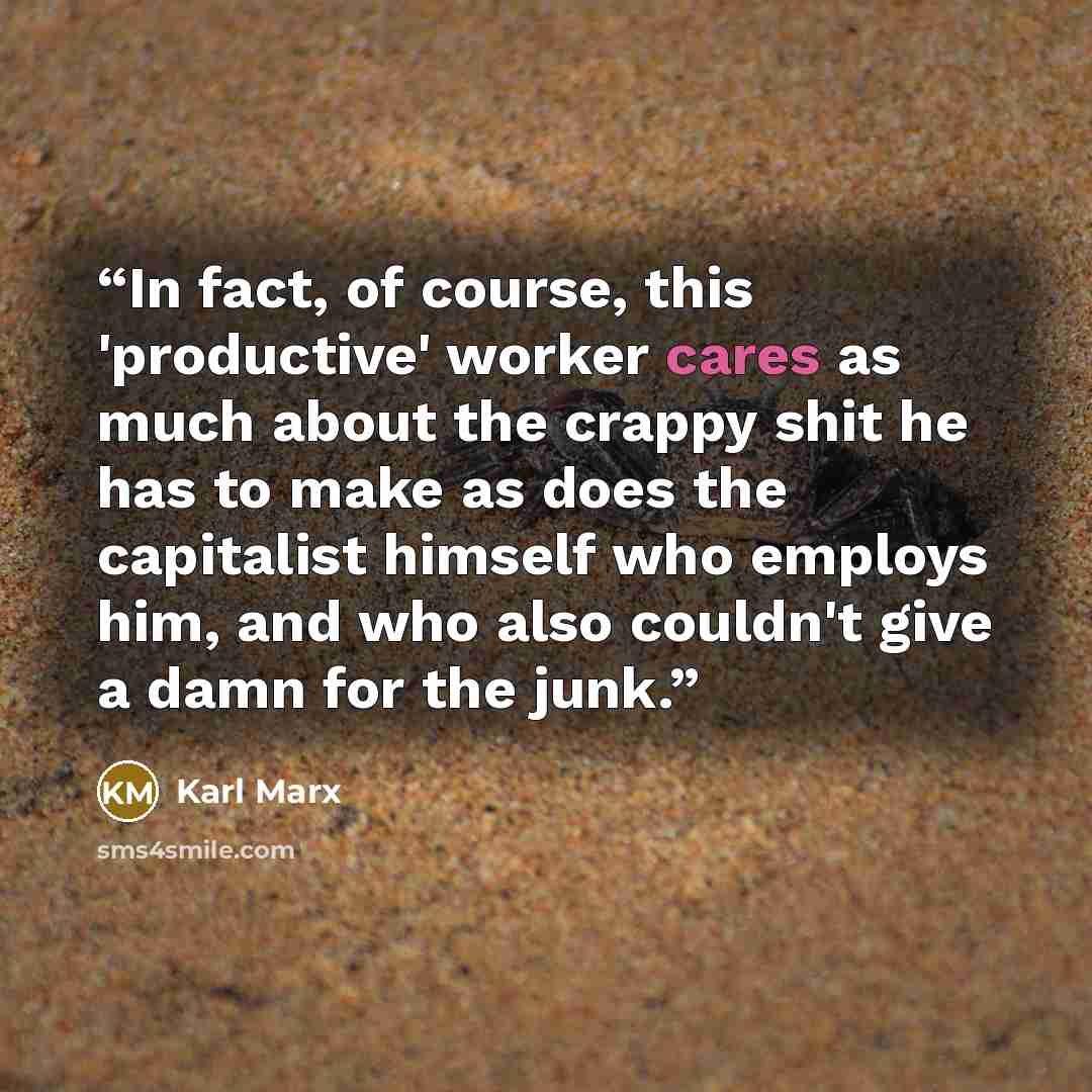 “In fact, of course, this 'productive' worker cares as much about the crappy shit he has to make as does the capitalist himself who employs him, and who also couldn't give a damn for the junk.” quote by Karl Marx