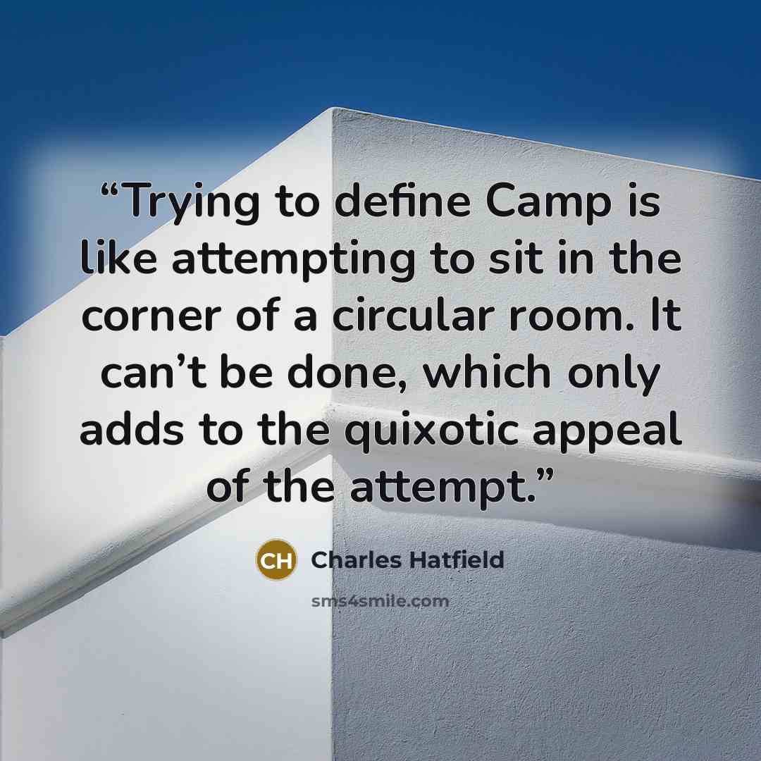 “Trying to define Camp is like attempting to sit in the corner of a circular room. It can’t be done, which only adds to the quixotic appeal of the attempt.” quote by Charles Hatfield