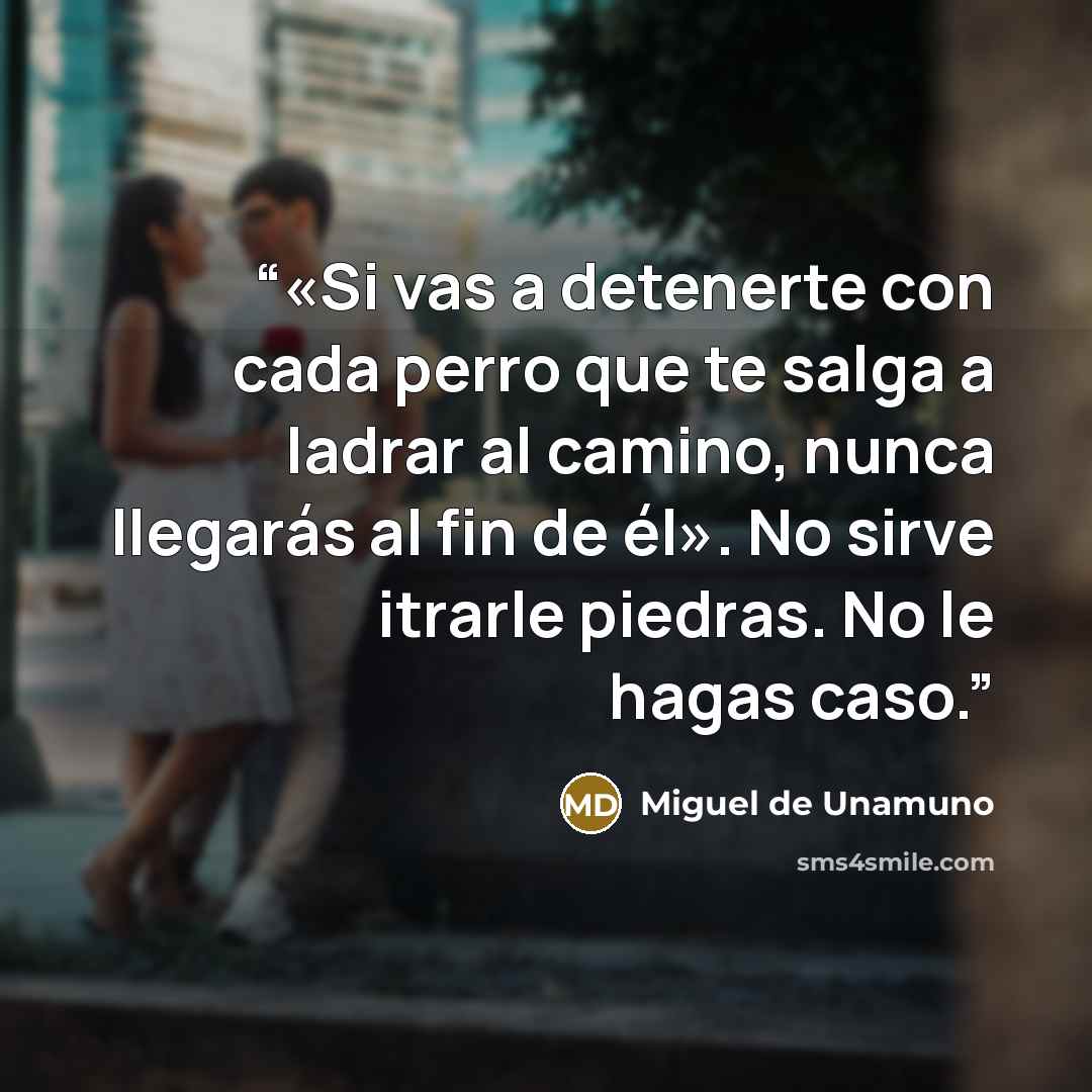 “«Si vas a detenerte con cada perro que te salga a ladrar al camino, nunca llegarás al fin de él». No sirve itrarle piedras. No le hagas caso.” quote by Miguel de Unamuno
