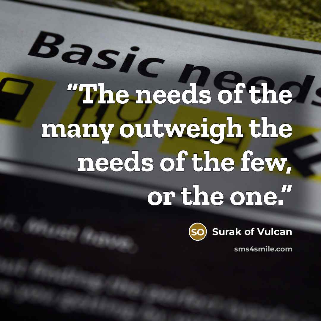 “The needs of the many outweigh the needs of the few, or the one.” quote by Surak of Vulcan