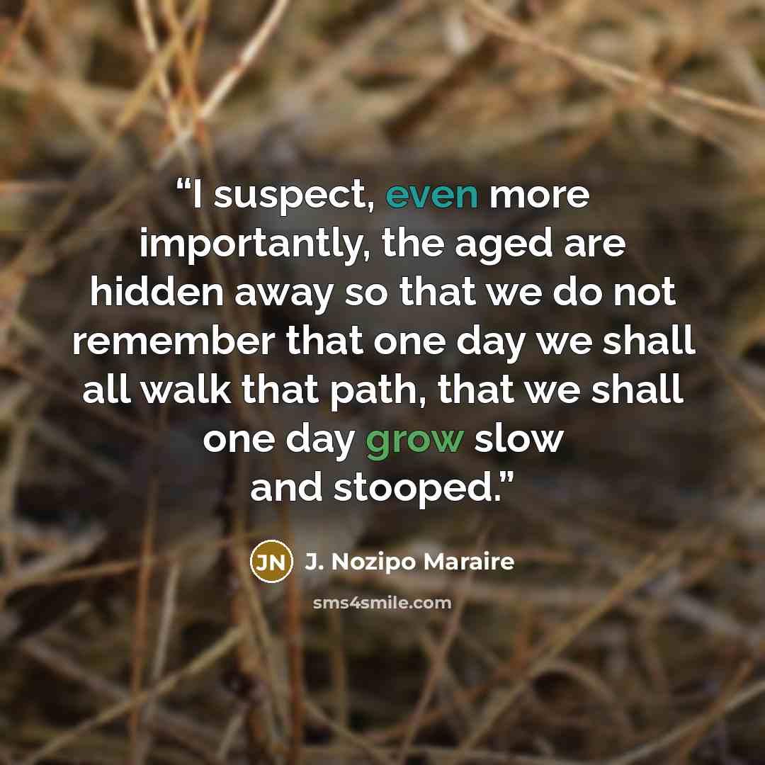 “I suspect, even more importantly, the aged are hidden away so that we do not remember that one day we shall all walk that path, that we shall one day grow slow and stooped.” quote by J. Nozipo Maraire
