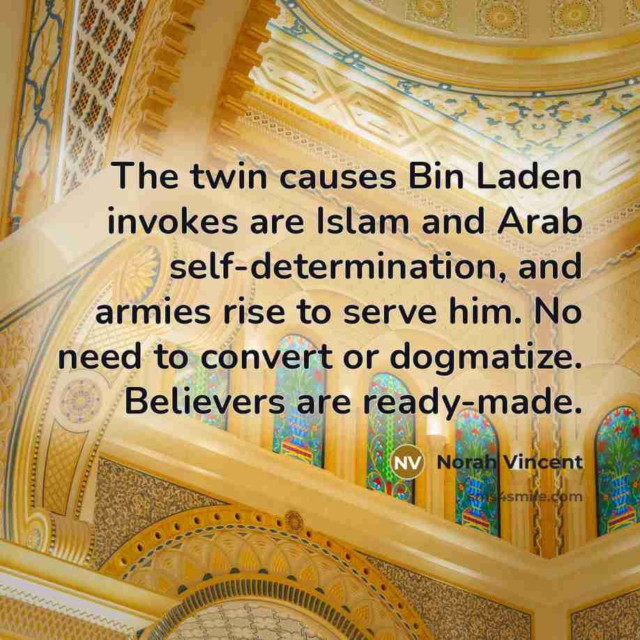 “The twin causes Bin Laden invokes are Islam and Arab…” quote by Norah Vincent