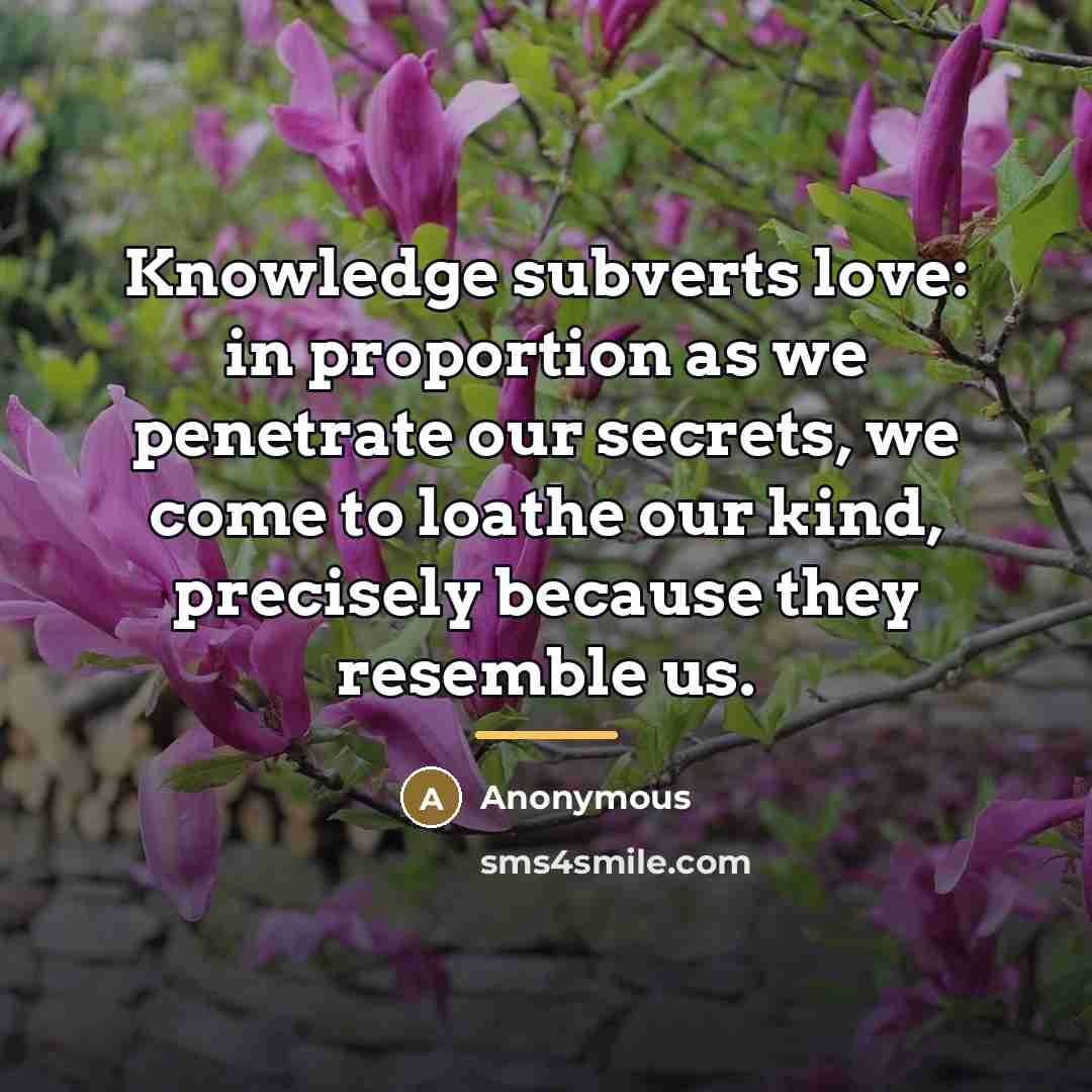 “Knowledge subverts love: in proportion as we penetrate our secrets,…” quote by Anonymous