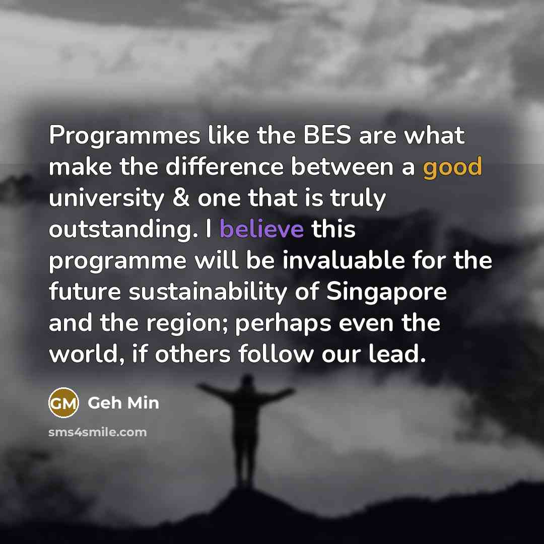 “Programmes like the BES are what make the difference between a good university & one that is truly outstanding. I believe this programme will be invaluable for the future sustainability of Singapore and the region; perhaps even the world, if others follow our lead.” quote by Geh Min