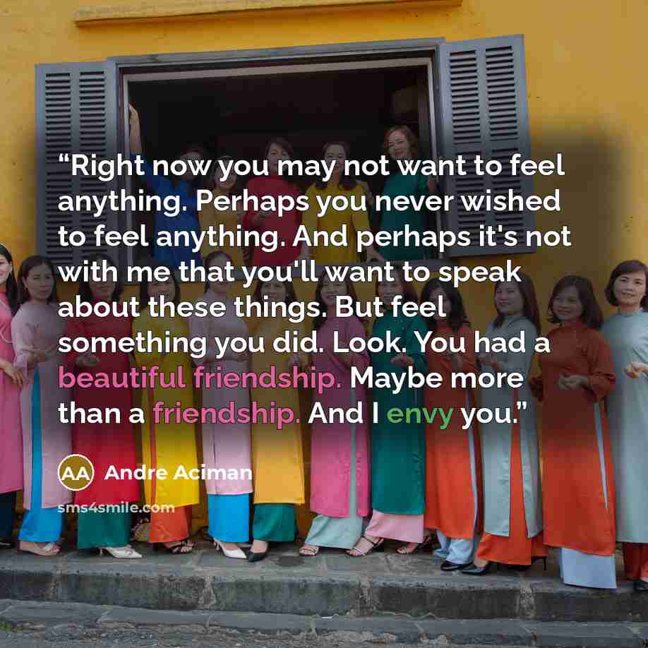 “Right now you may not want to feel anything. Perhaps you never wished to feel anything. And perhaps it's not with me that you'll want to speak about these things. But feel something you did. Look. You had a beautiful friendship. Maybe more than a friendship. And I envy you.” quote by André Aciman