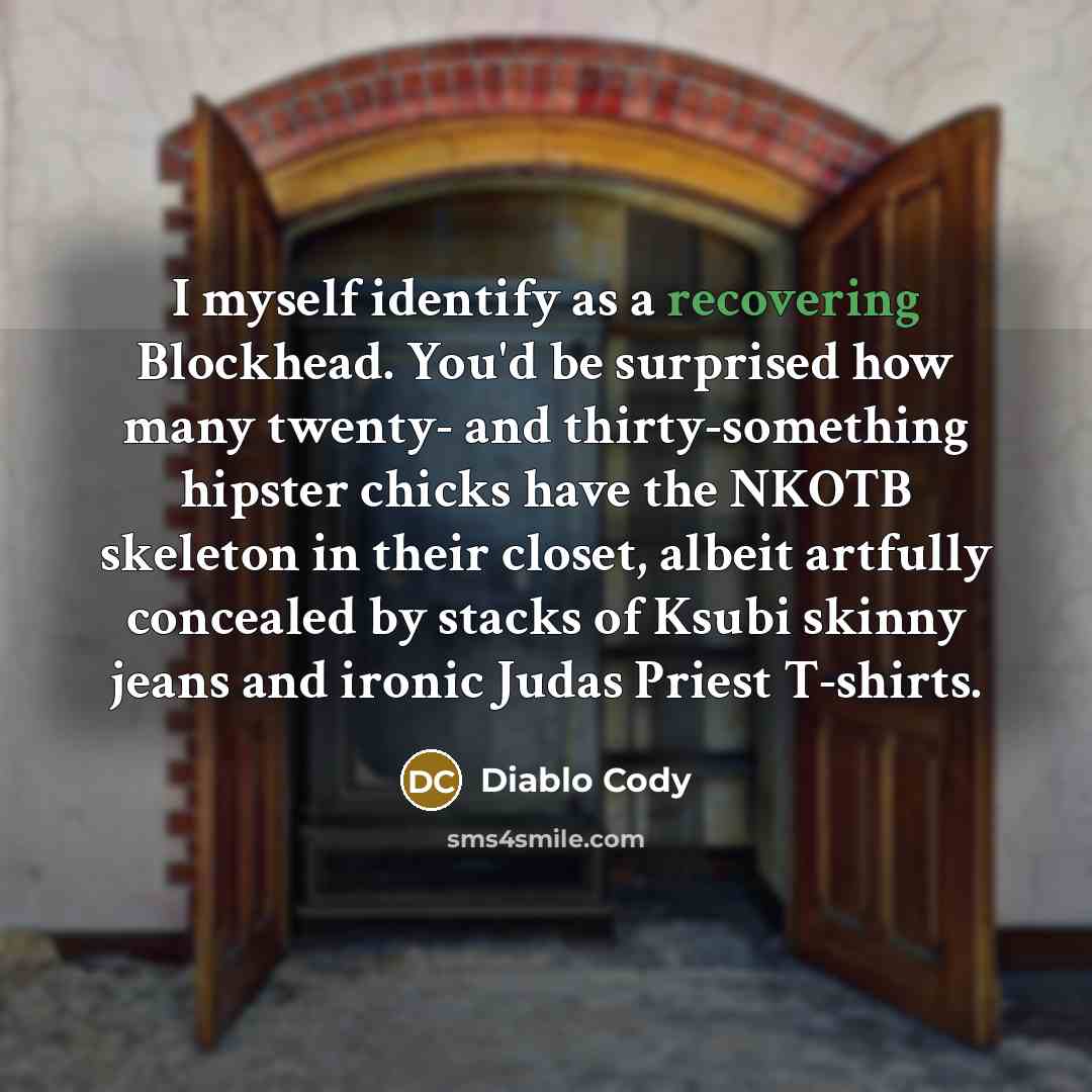 “I myself identify as a recovering Blockhead. You'd be surprised how many twenty- and thirty-something hipster chicks have the NKOTB skeleton in their closet, albeit artfully concealed by stacks of Ksubi skinny jeans and ironic Judas Priest T-shirts.” quote by Diablo Cody