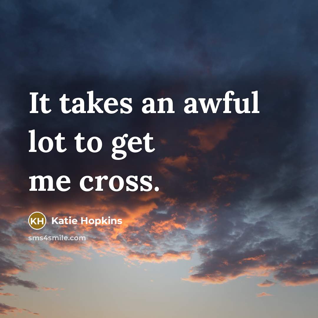 “It takes an awful lot to get me cross.…” quote by Katie Hopkins