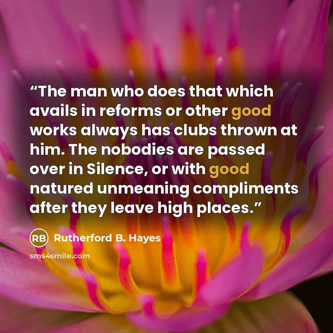 “The man who does that which avails in reforms or other good works always has clubs thrown at him. The nobodies are passed over in Silence, or with good natured unmeaning compliments after they leave high places.” quote by Rutherford B. Hayes