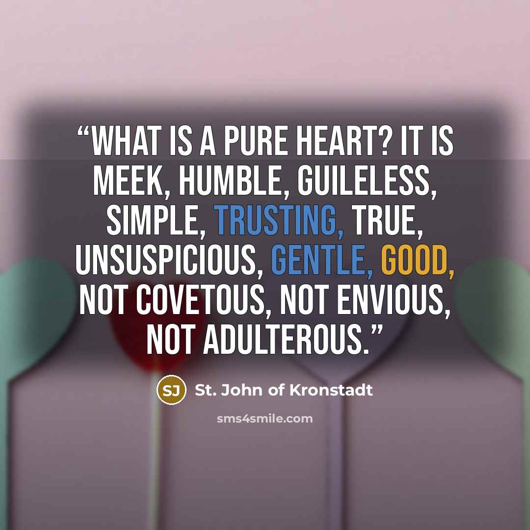 “What is a pure heart? It is meek, humble, guileless, simple, trusting, true, unsuspicious, gentle, good, not covetous, not envious, not adulterous.” quote by St. John of Kronstadt