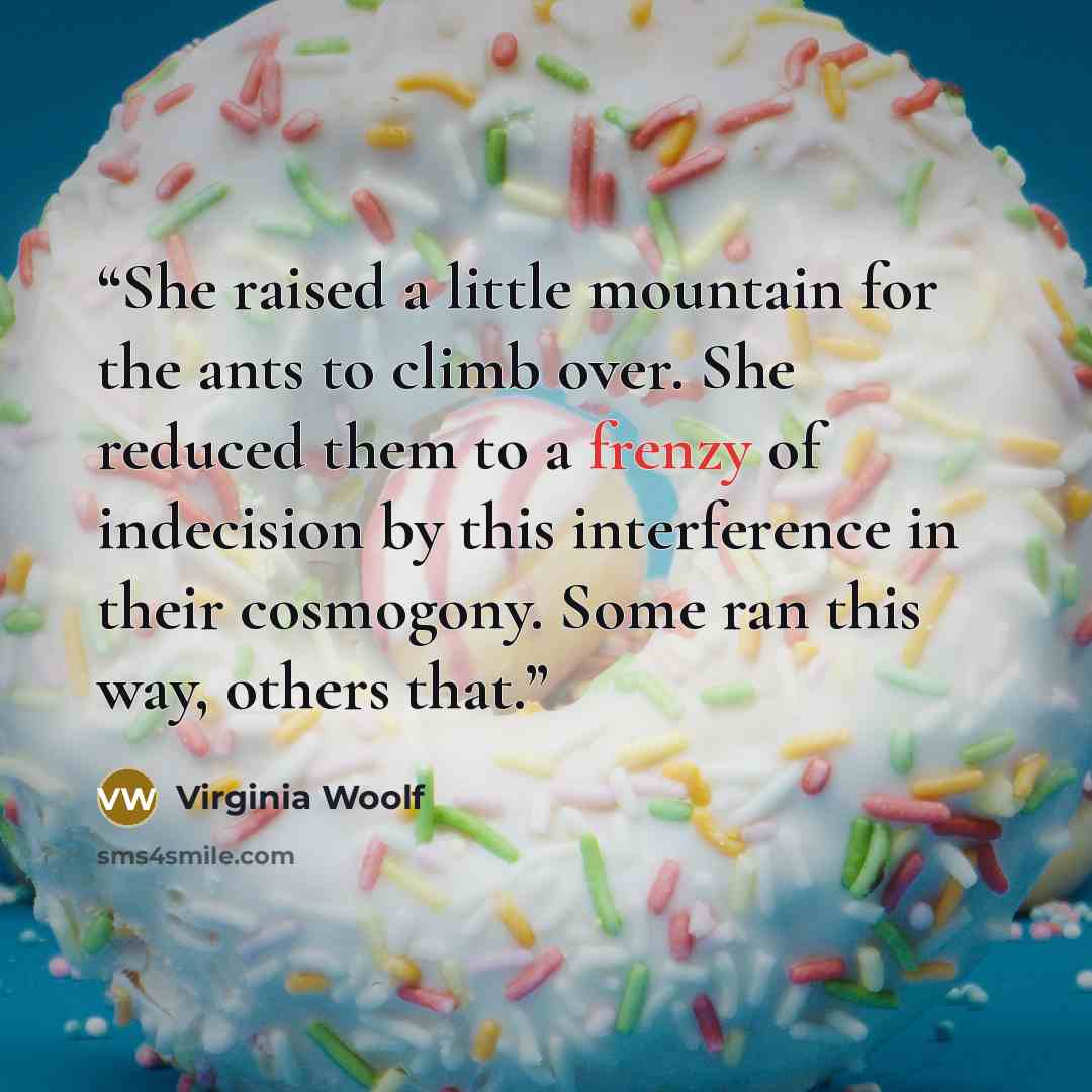 “She raised a little mountain for the ants to climb over. She reduced them to a frenzy of indecision by this interference in their cosmogony. Some ran this way, others that.” quote by Virginia Woolf