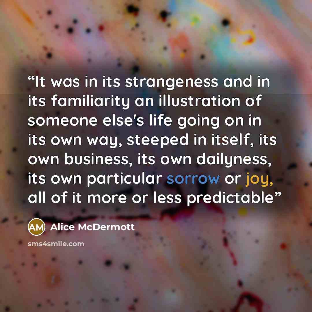 “It was in its strangeness and in its familiarity an illustration of someone else's life going on in its own way, steeped in itself, its own business, its own dailyness, its own particular sorrow or joy, all of it more or less predictable” quote by Alice McDermott