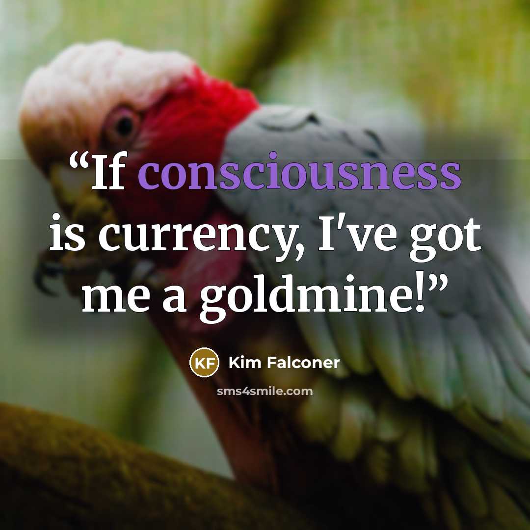 “If consciousness is currency, I've got me a goldmine!” quote by Kim Falconer
