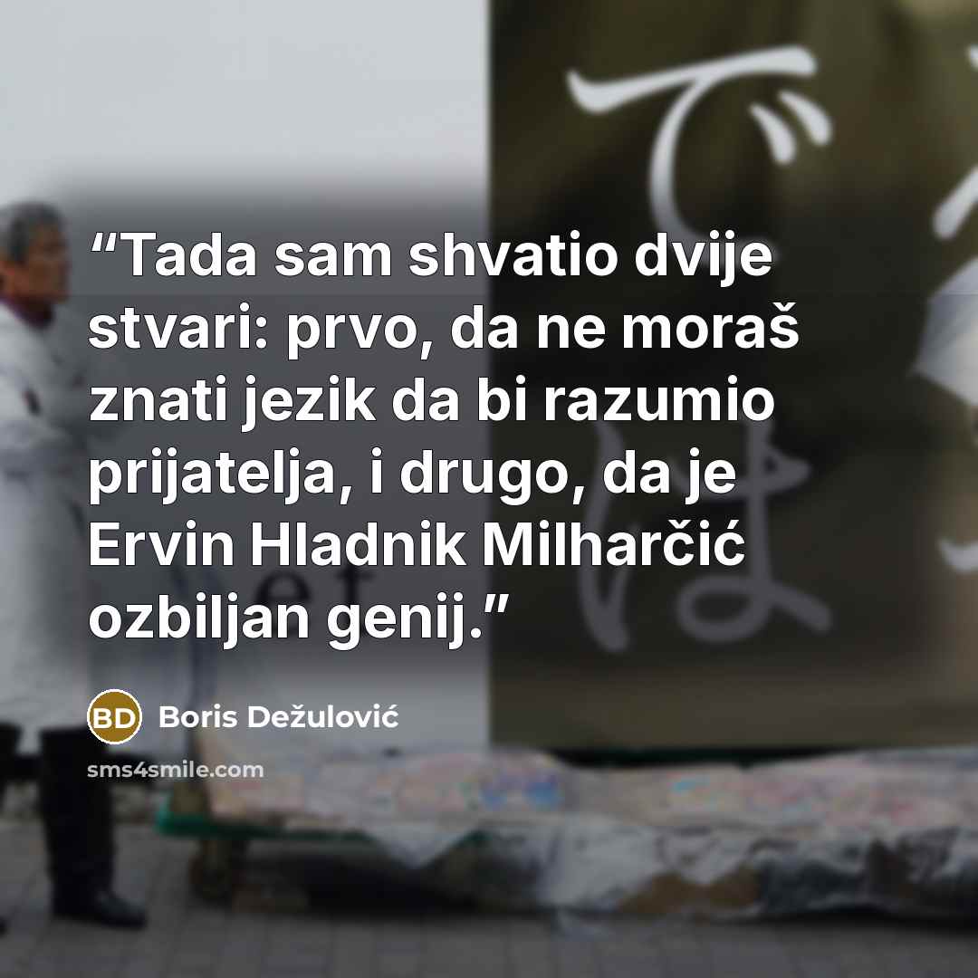 “Tada sam shvatio dvije stvari: prvo, da ne moraš znati jezik da bi razumio prijatelja, i drugo, da je Ervin Hladnik Milharčić ozbiljan genij.” quote by Boris Dežulović