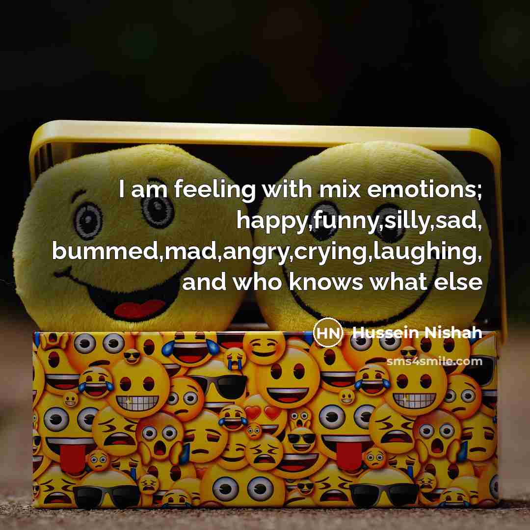 “I am feeling with mix emotions; happy,funny,silly,sad, bummed,mad,angry,crying,laughing, and who…” quote by Hussein Nishah