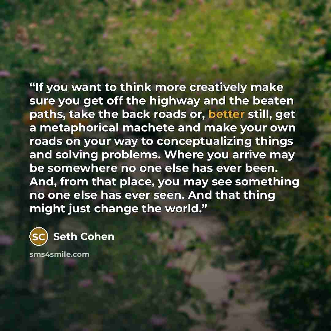 “If you want to think more creatively make sure you get off the highway and the beaten paths, take the back roads or, better still, get a metaphorical machete and make your own roads on your way to conceptualizing things and solving problems. Where you arrive may be somewhere no one else has ever…” quote by Seth Cohen