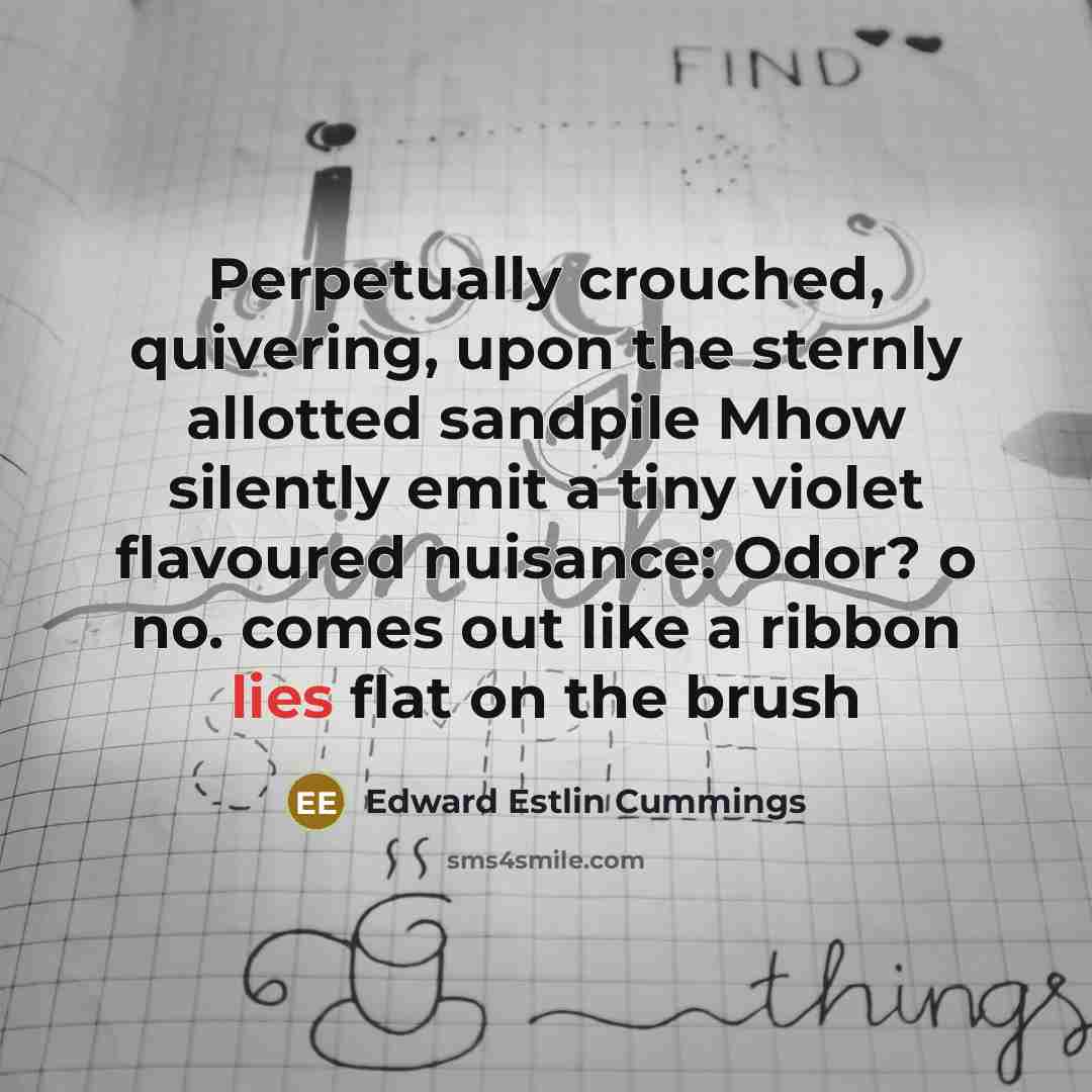 “Perpetually crouched, quivering, upon the sternly allotted sandpile Mhow silently emit a tiny violet flavoured nuisance: Odor? o no. comes out like a ribbon lies flat on the brush” quote by Edward Estlin Cummings