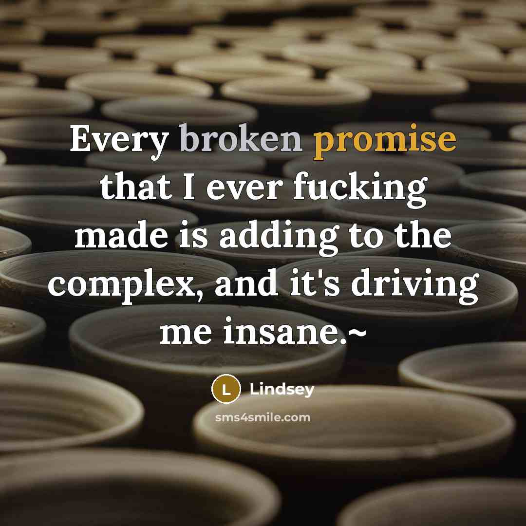 “Every broken promise that I ever fucking made is adding to the complex, and it's driving me insane.~” quote by Lindsey