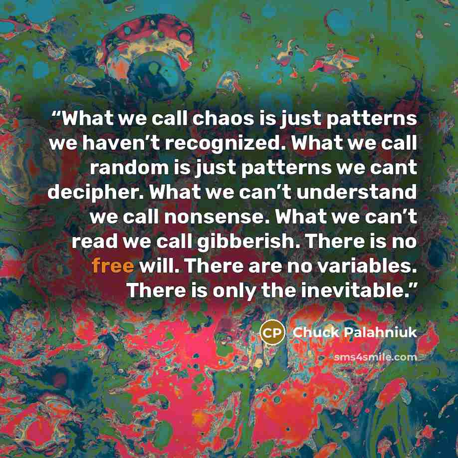 “What we call chaos is just patterns we haven’t recognized. What we call random is just patterns we cant decipher. What we can’t understand we call nonsense. What we can’t read we call gibberish. There is no free will. There are no variables. There is only the inevitable.” quote by Chuck Palahniuk