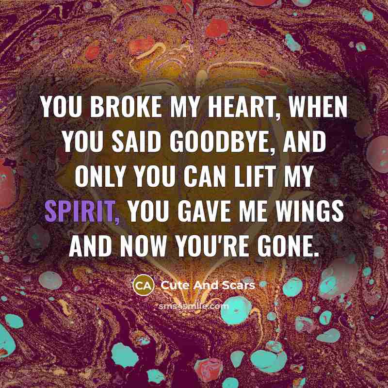 “You broke my heart, When you said goodbye, And only you can lift my spirit, You gave me wings and now you're gone.” quote by Cute And Scars