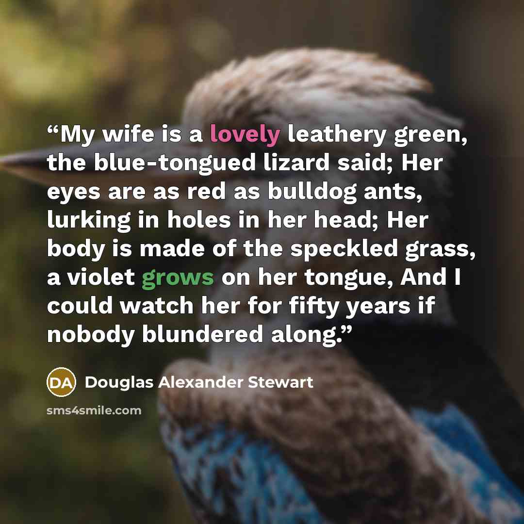 “My wife is a lovely leathery green, the blue-tongued lizard said; Her eyes are as red as bulldog ants, lurking in holes in her head; Her body is made of the speckled grass, a violet grows on her tongue, And I could watch her for fifty years if nobody blundered along.” quote by Douglas Alexander Stewart