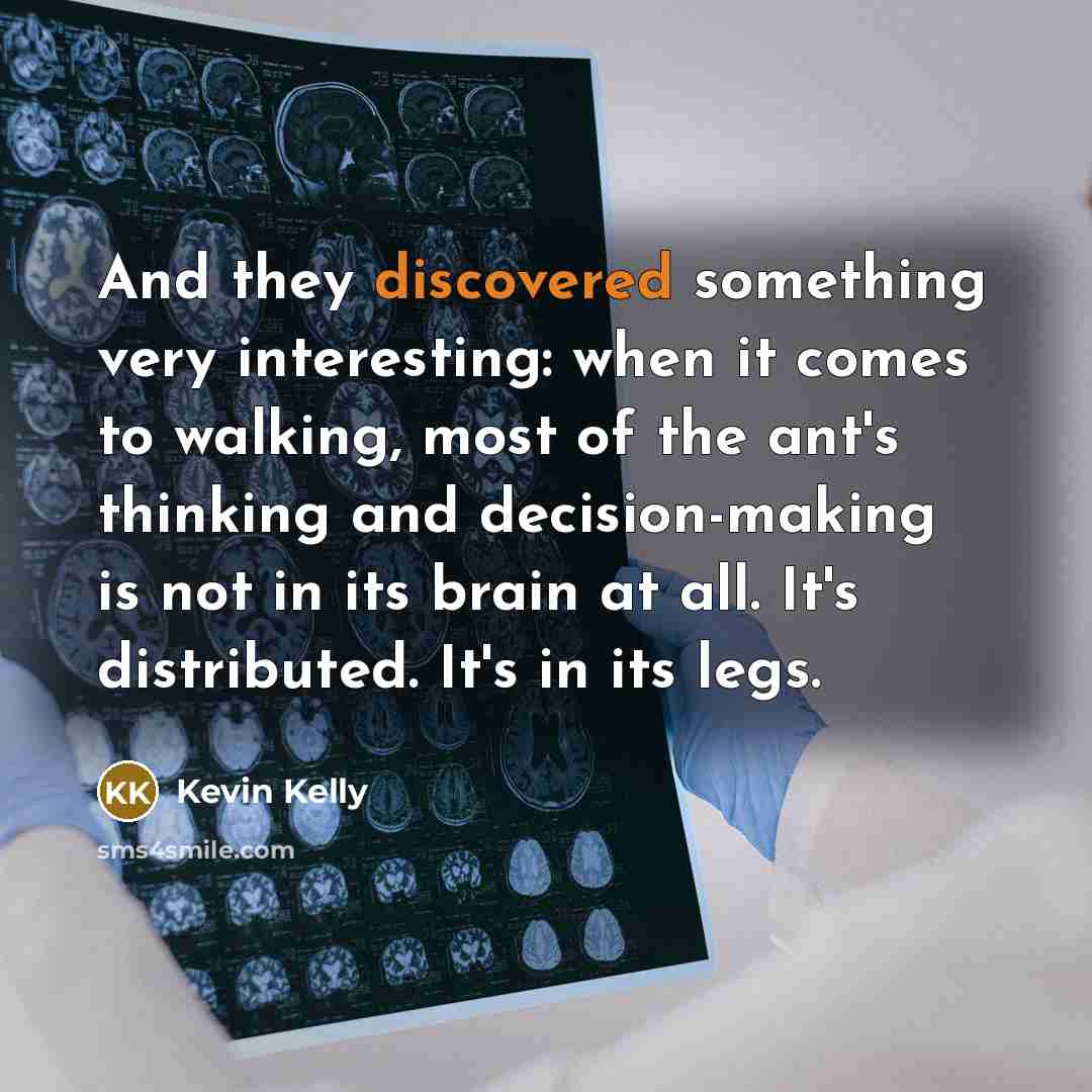 “And they discovered something very interesting: when it comes to walking, most of the ant's thinking and decision-making is not in its brain at all. It's distributed. It's in its legs.” quote by Kevin Kelly