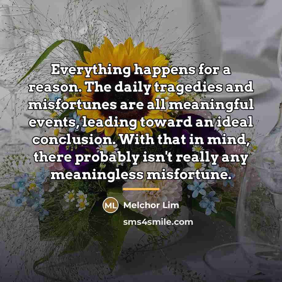 “Everything happens for a reason. The daily tragedies and misfortunes…” quote by Melchor Lim